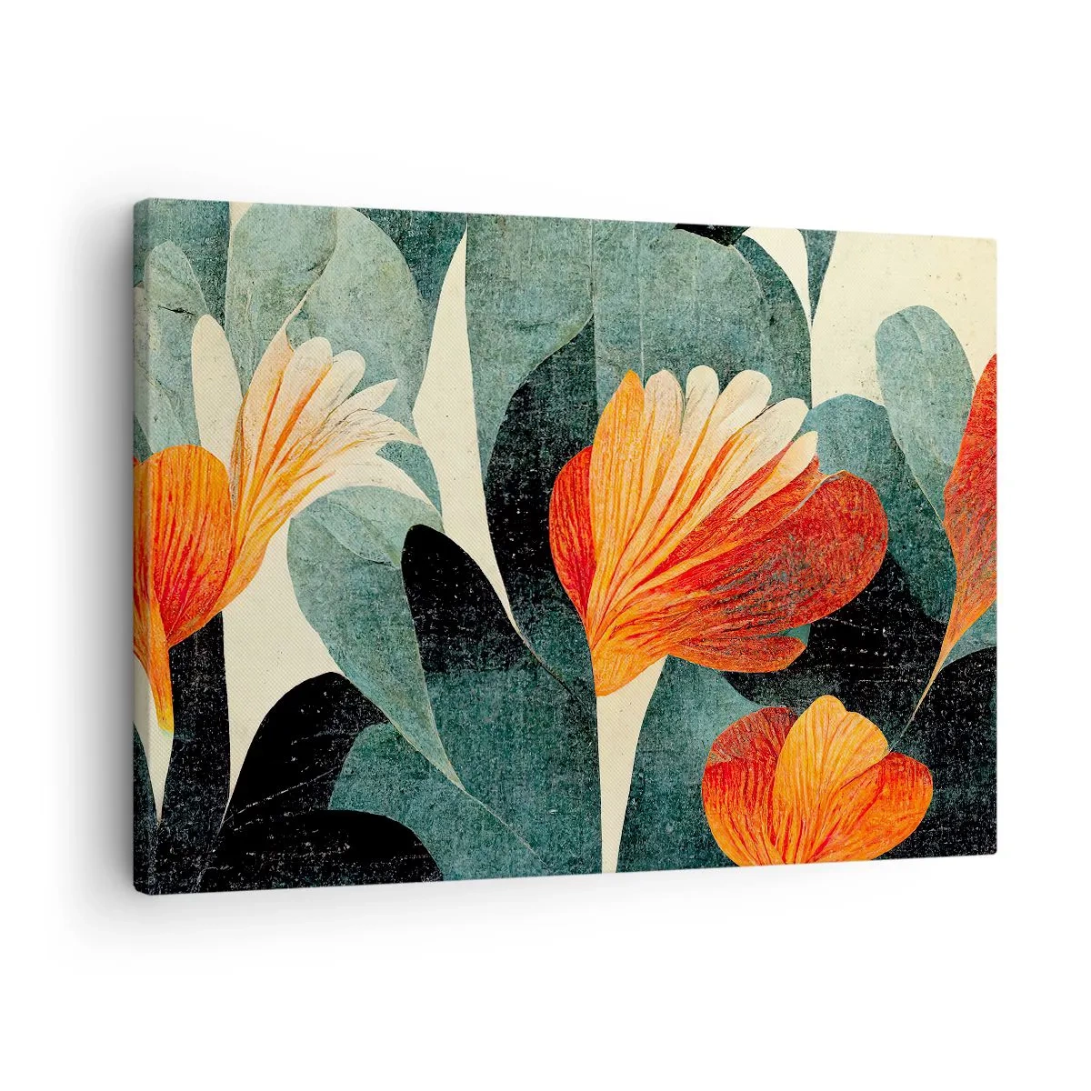 Vászonkép - Intenzív narancssárga és zöld árnyalatú virágok - 70x50cm - A trópusok forrósága és a zöldellő hűvösség - Modern fali dekoráció nappalihoz és hálószobához ARTTOR