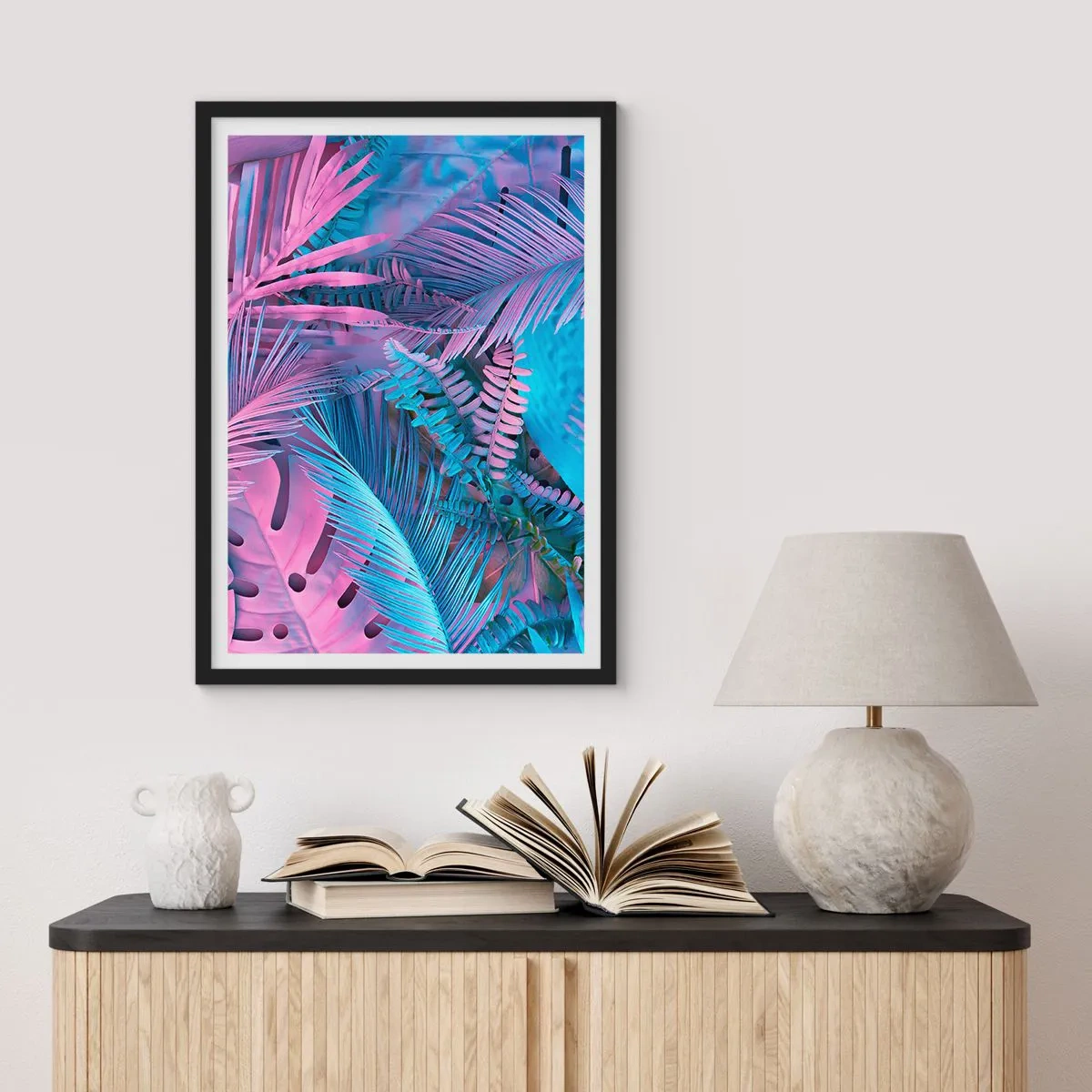Poszter fehér keretben - Trópusok rózsaszínben és kékben - 30x40 cm