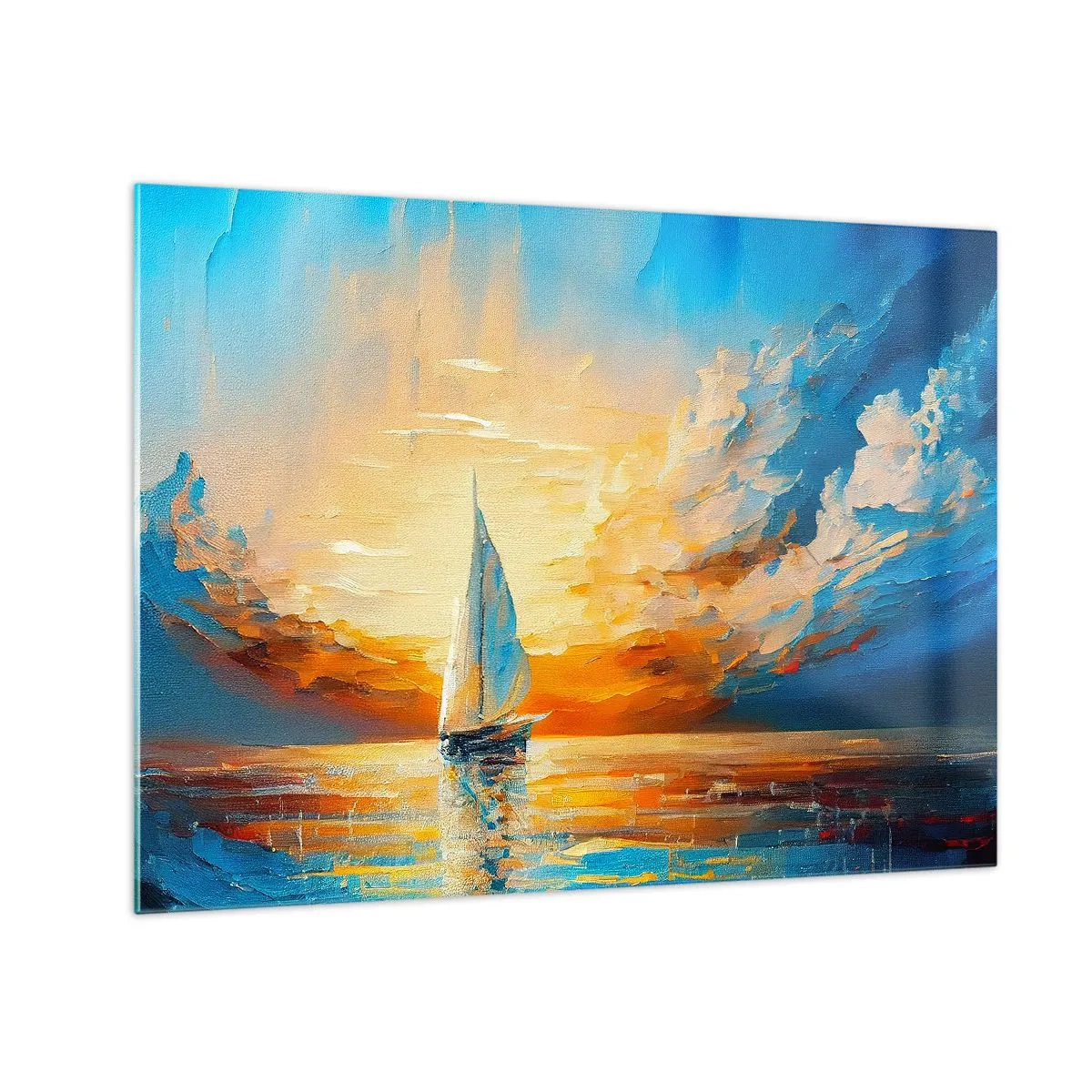 Üveg kép - Egy vitorlás a tengeren a lenyugvó nap fényében - 70x50cm - Aranyban vitorlázva - Modern fali dekoráció nappalihoz és hálószobához ARTTOR