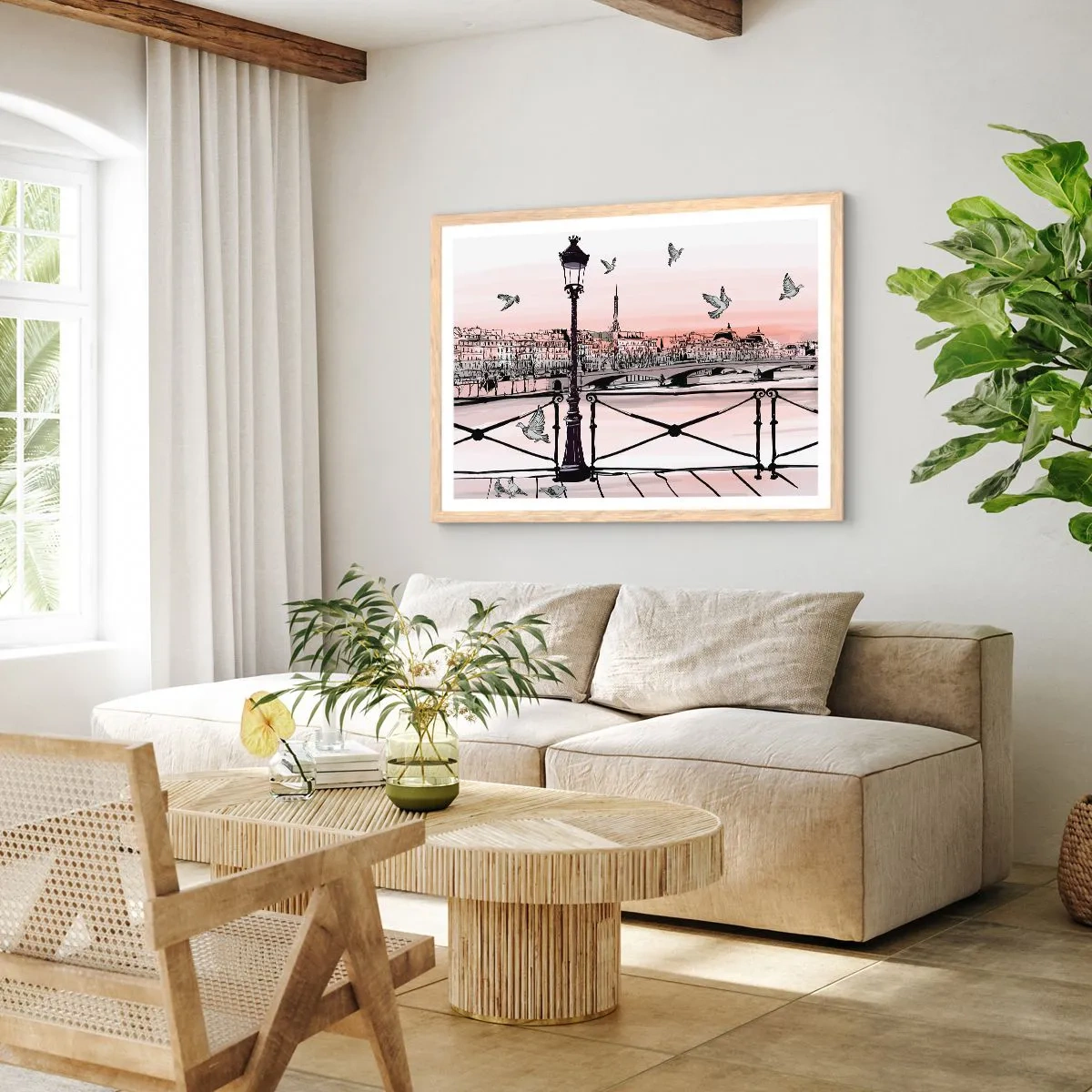 Poszter világos tölgy keretben - Párizs háztetői fölött - 50x40 cm