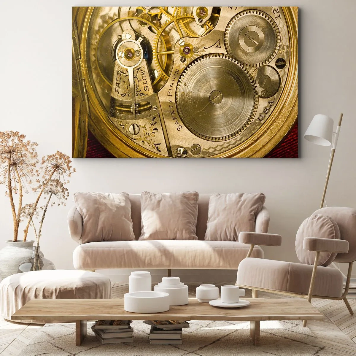 Vászonkép - Látható fogaskerekekkel és részletekkel ellátott óraszerkezet - 70x50cm - Haladj a korral - Modern fali dekoráció nappalihoz és hálószobához ARTTOR