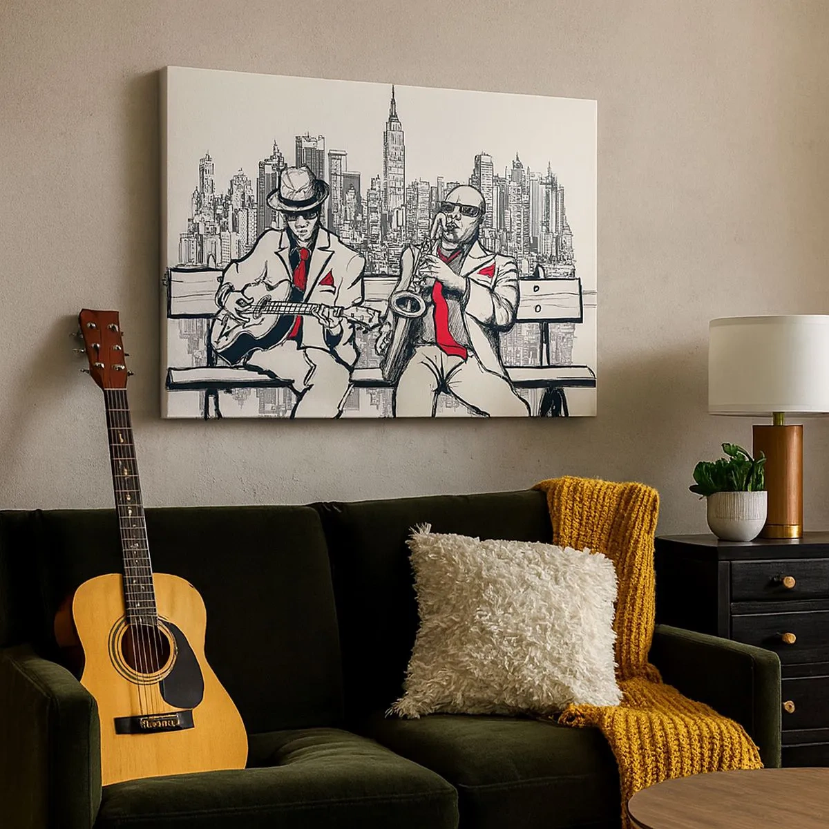 Vászonkép - Egy jazzduó szaxofonnal és gitárral a város hátterében - 70x50cm - New York-i improvizáció - Modern fali dekoráció nappalihoz és hálószobához ARTTOR