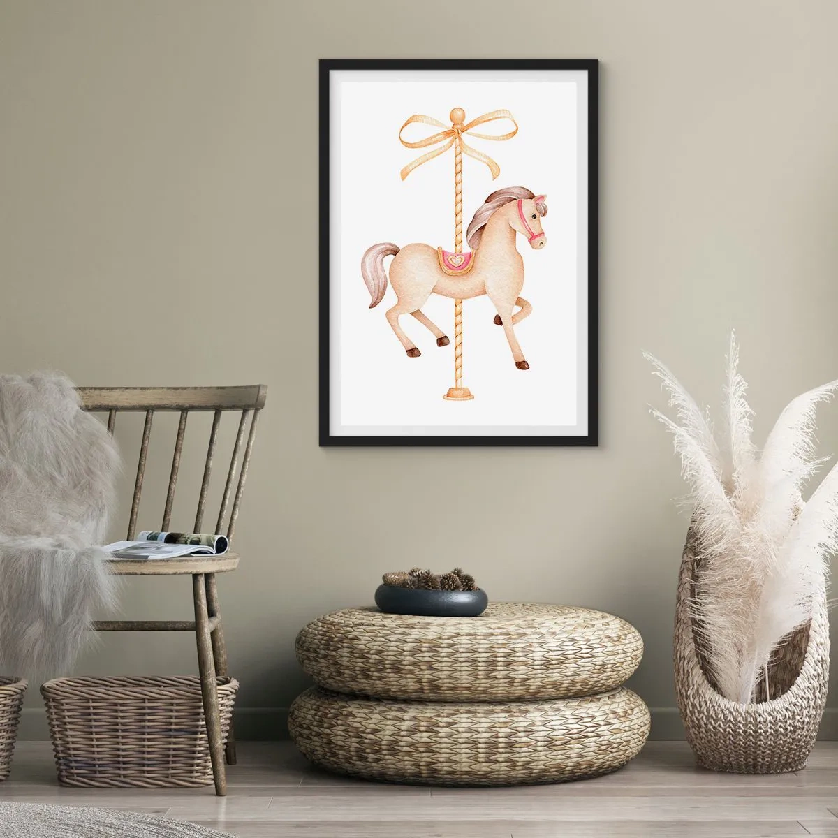 Poszter fehér keretben - Egy körhinta ló finom illusztrációja pasztellben - 50x70cm - Kecses vágtával - Modern fali dekoráció nappalihoz és hálószobához ARTTOR