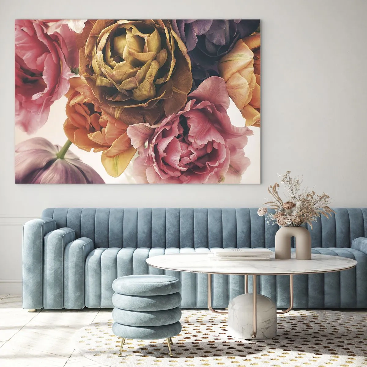 Üveg kép - Egy csokor többszínű virág közeli képe - 70x50cm - Az élet ünnepe - Modern fali dekoráció nappalihoz és hálószobához ARTTOR