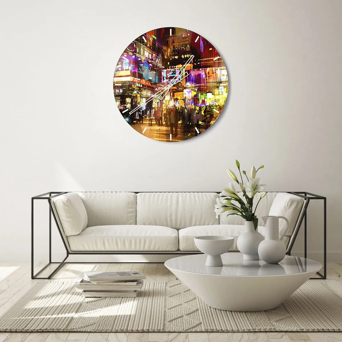 Falióra, Óra - Neonfényekkel teli éjszakai városi táj - 30x30cm - A fény tengerében - Modern fali dekoráció nappalihoz, konyhához és hálószobához ARTTOR