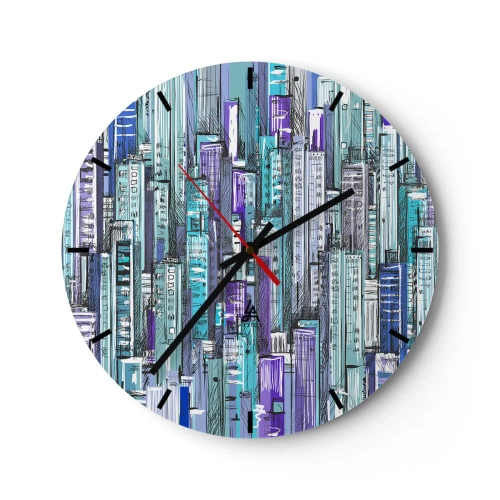 Falióra, Óra - Grafikus felhőkarcolók kék és lila árnyalatokban - 30x30cm - Kikékült az égtől - Modern fali dekoráció nappalihoz, konyhához és hálószobához ARTTOR