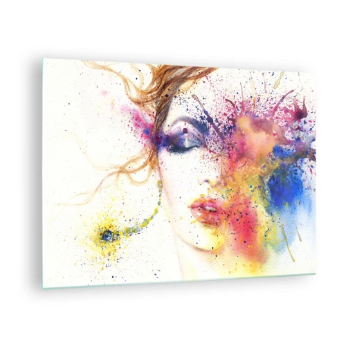 Üveg kép - Egy nő absztrakt portréja szivárványos festékfoltokkal - 70x50cm - Szivárványszédülés - Modern fali dekoráció nappalihoz és hálószobához ARTTOR