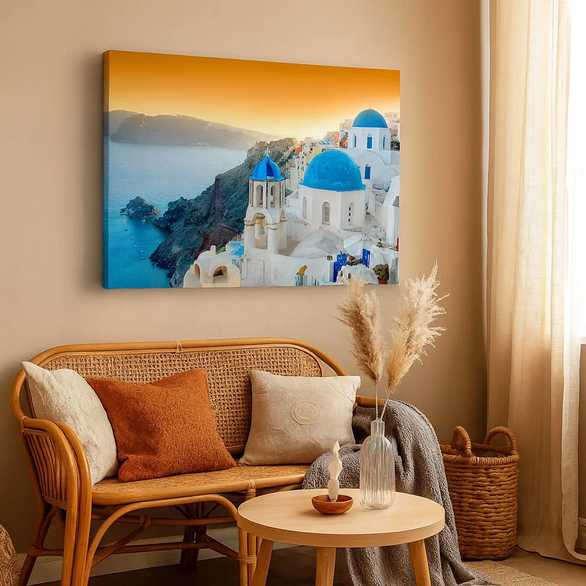 Vászonkép - Santorini látképe fehér épületekkel és kék tengerrel - 70x50cm - Santorini – rásimulva a sziklákra - Modern fali dekoráció nappalihoz és hálószobához ARTTOR