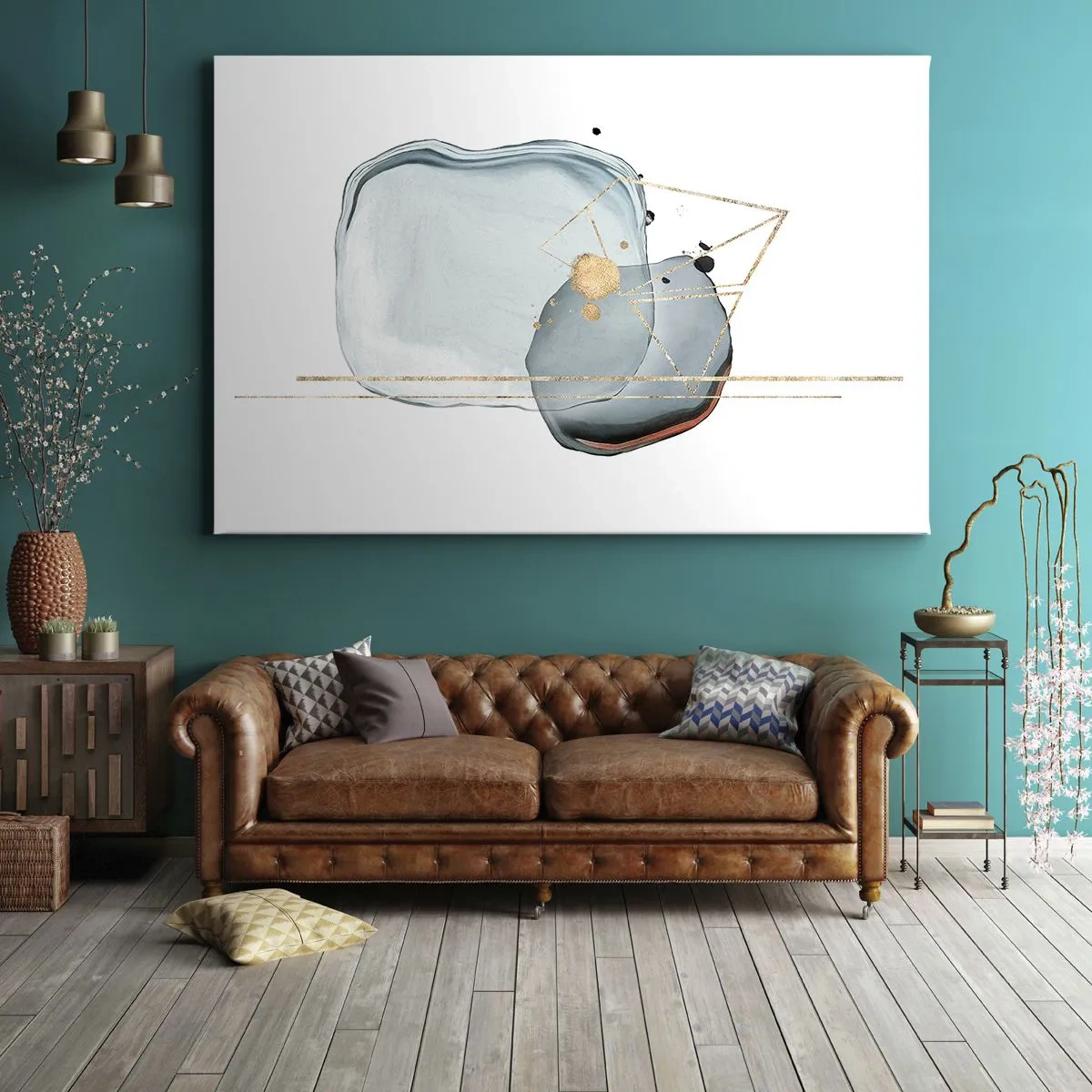 Vászonkép - Absztrakt formák kék és arany árnyalatokban fehér alapon - 70x50cm - Cseppek tanulmánya - Modern fali dekoráció nappalihoz és hálószobához ARTTOR