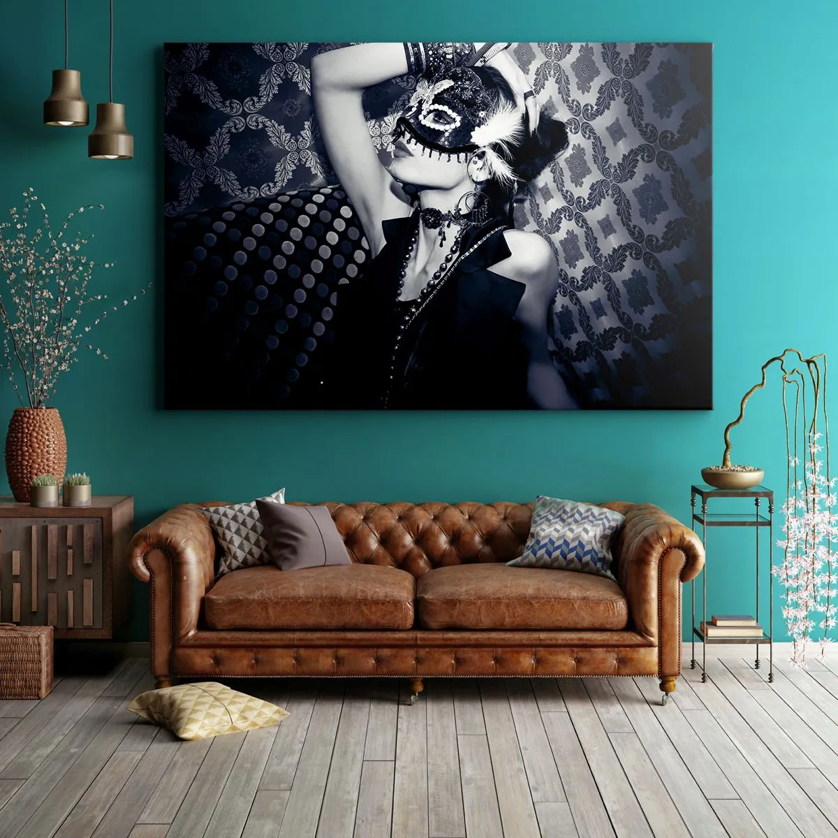 Vászonkép - Egy nő velencei maszkban, díszes minták hátterében. - 70x50cm - Dekorációk, díszek, minták... - Modern fali dekoráció nappalihoz és hálószobához ARTTOR