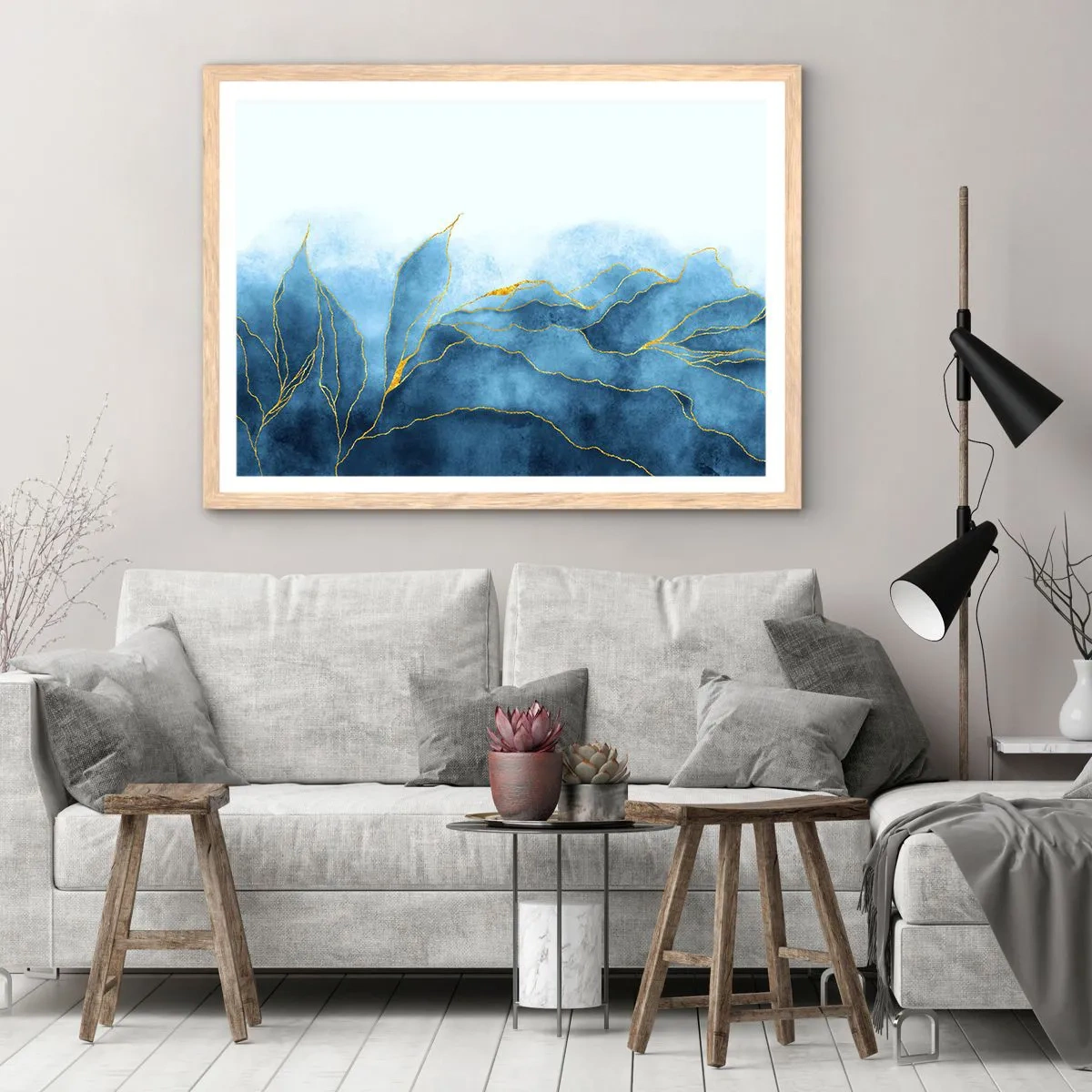 Poszter világos tölgy keretben - Kék aranyban - 100x70 cm