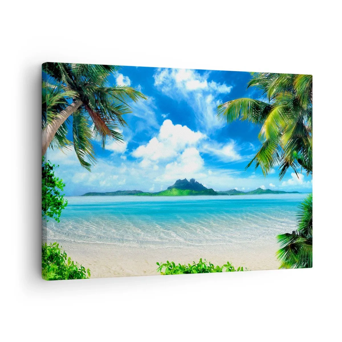 Vászonkép - Trópusi strand pálmafákkal és kilátással egy szigetre - 70x50cm - A trópusi azúrkék - Modern fali dekoráció nappalihoz és hálószobához ARTTOR