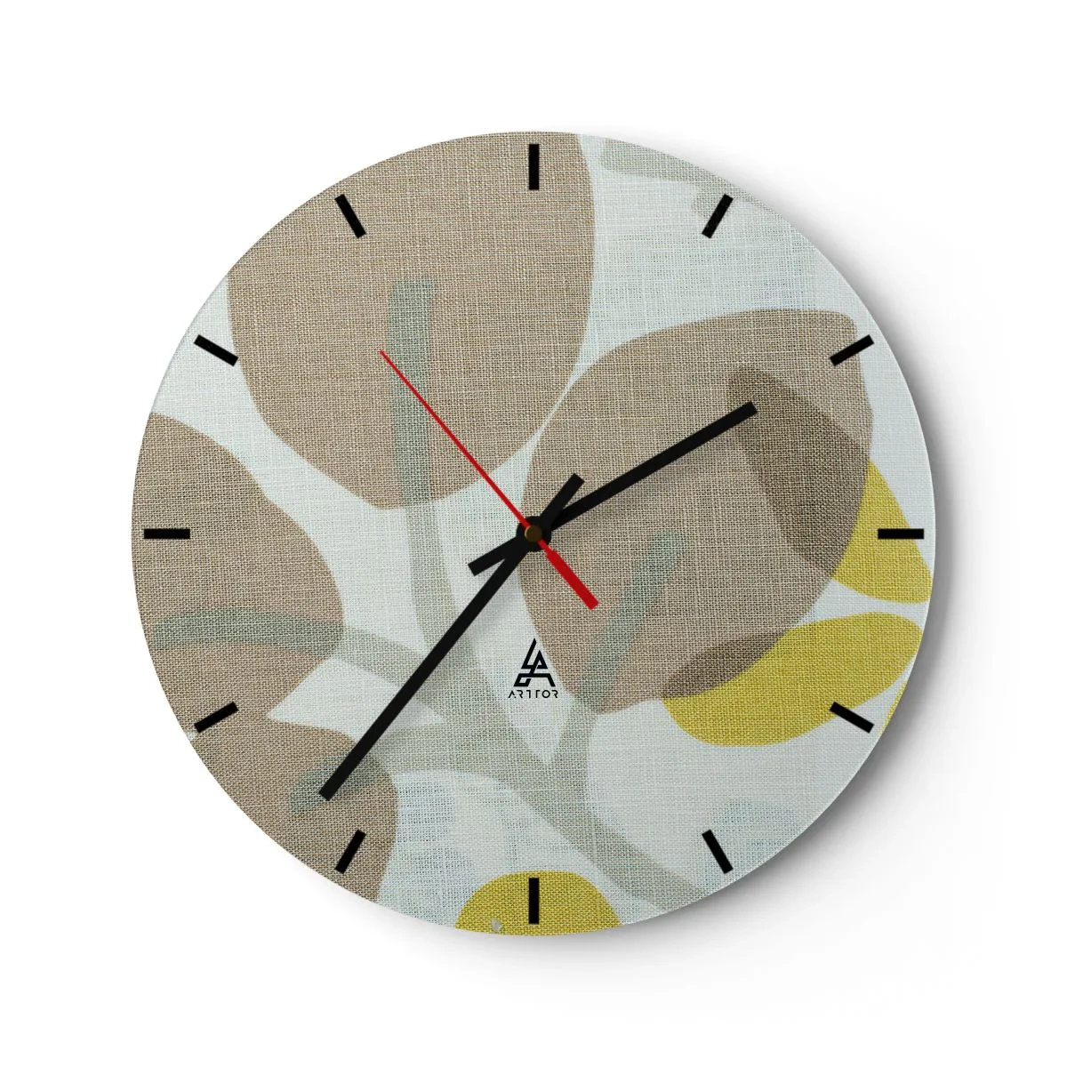 Falióra, Óra - Pasztell levelek és sárga díszítések vászon textúrájú háttéren - 30x30cm - Kompozíció a napsütésben - Modern fali dekoráció nappalihoz, konyhához és hálószobához ARTTOR