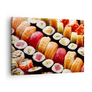 Vászonkép - Színes sushi sorokban elrendezve, különféle feltétekkel - 70x50cm - Ázsia színei és ízei - Modern fali dekoráció nappalihoz és hálószobához ARTTOR