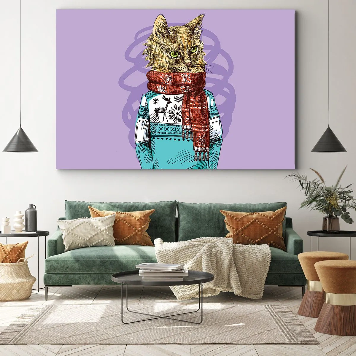 Vászonkép - Egy macska pulóverben és sálban, lila háttér előtt - 70x50cm - Kandúr nem csak a csizmában - Modern fali dekoráció nappalihoz és hálószobához ARTTOR