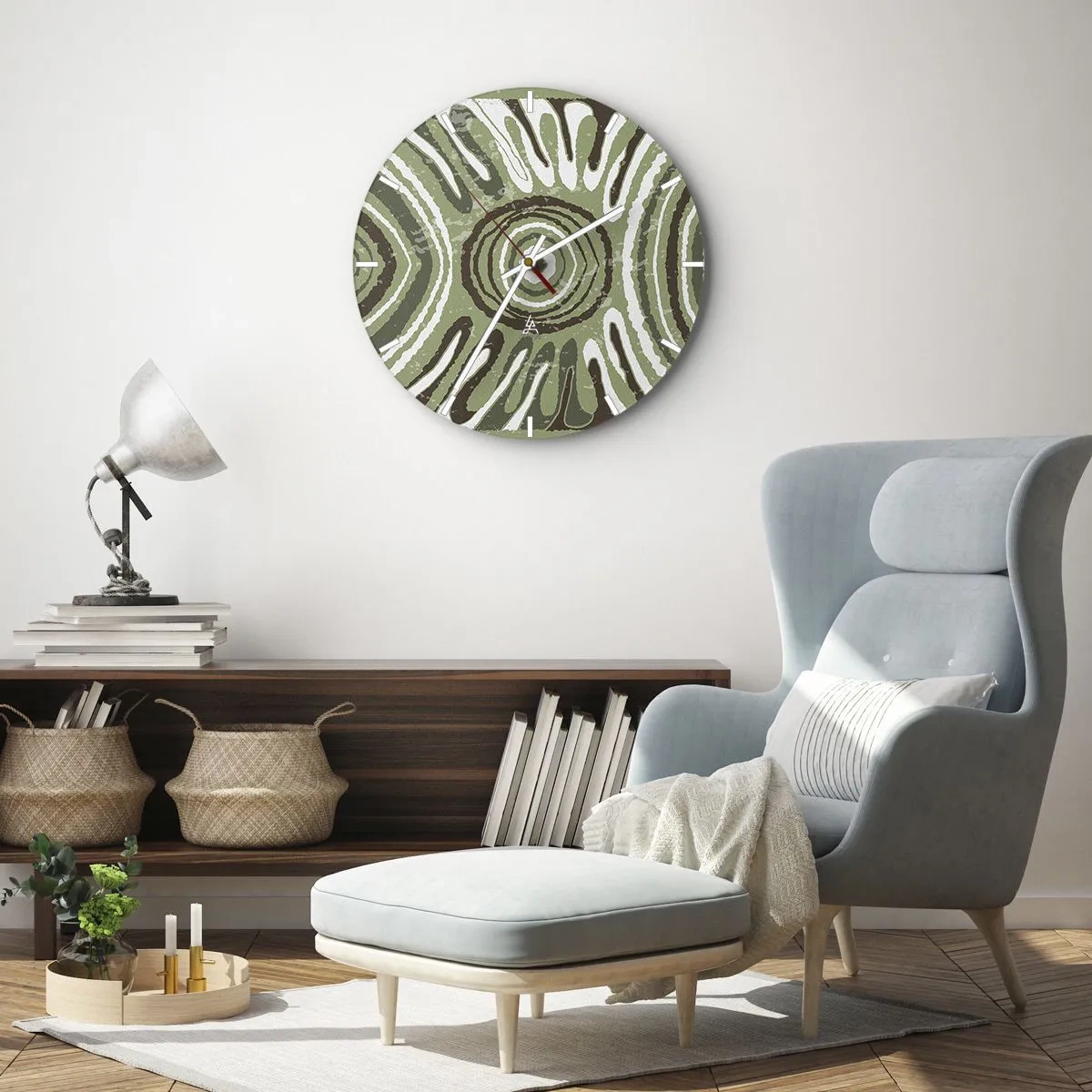 Falióra, Óra - Zöld és barna szimmetrikus kompozíció koncentrikus mintákkal - 30x30cm - Az érzelmek robbanása - Modern fali dekoráció nappalihoz, konyhához és hálószobához ARTTOR