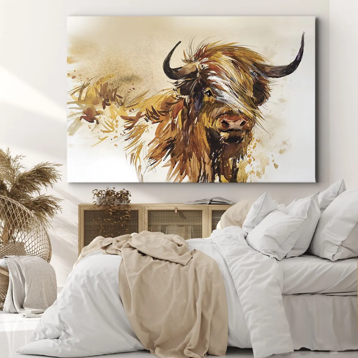 Vászonkép - Bika portréja művészi akvarell stílusban - 70x50cm - A vadász büszkesége - Modern fali dekoráció nappalihoz és hálószobához ARTTOR