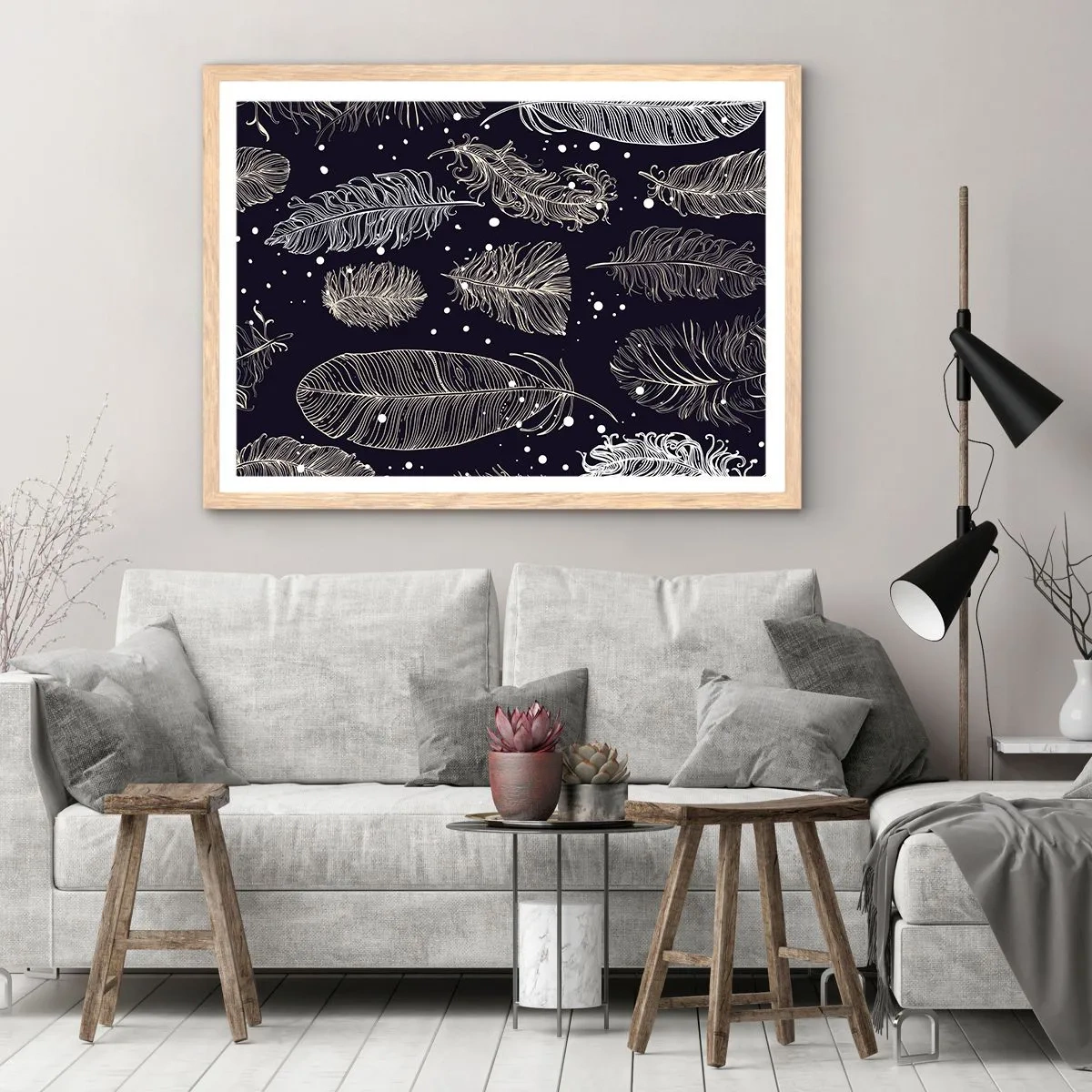 Poszter világos tölgy keretben - Tollas csipke - 70x50 cm