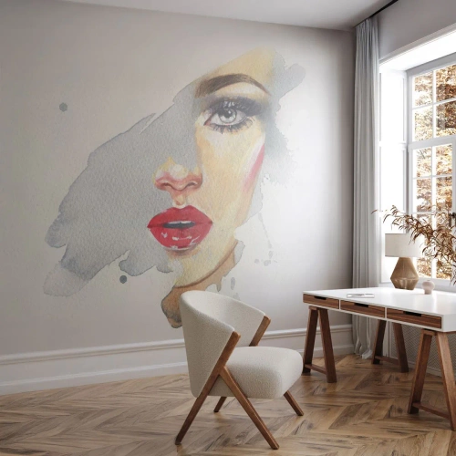 Fotótapéta Premium Sand - Egy vízcsepp tükörkép  - Női Arc, Nő, vörös ajkak - 150x105 cm