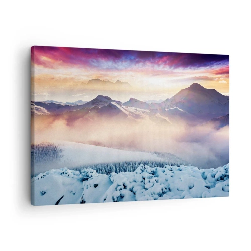 Vászonkép - Hóval borított hegyek hajnalban, színes égbolttal - 70x50cm - A természet ereje és tisztasága - Modern fali dekoráció nappalihoz és hálószobához ARTTOR