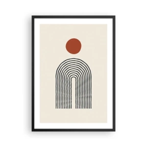 Poszter fehér keretben - Geometriai absztrakció lineáris ívvel és piros körrel. - 50x70cm - Formák és színek vonzalma - Modern fali dekoráció nappalihoz és hálószobához ARTTOR