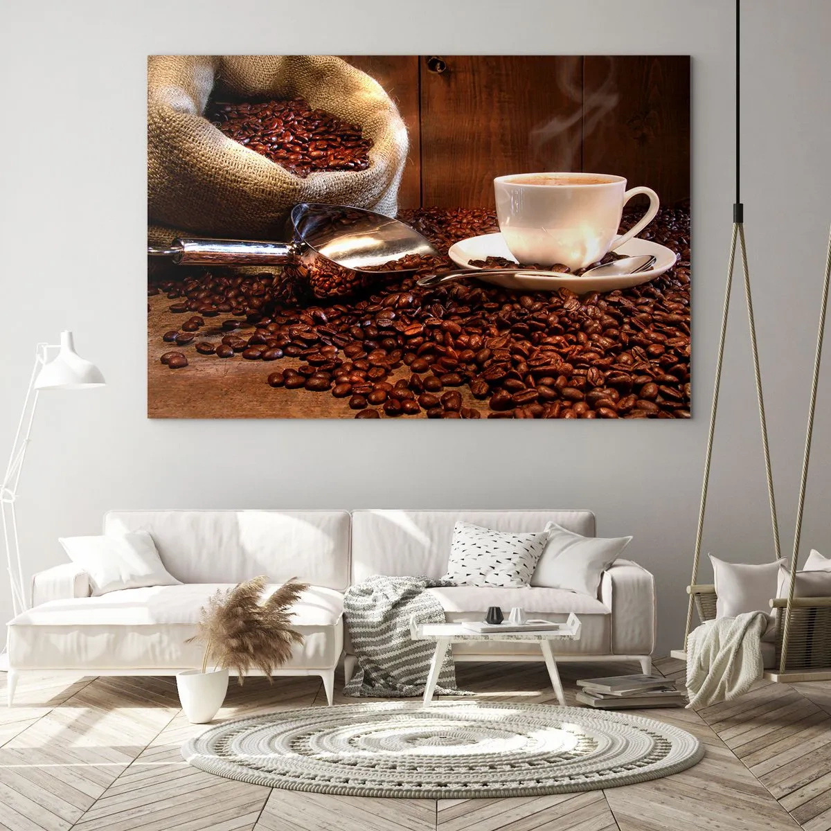 Üveg kép - Egy csésze kávé babbal és jutazsákkal a háttérben - 70x50cm - Érzed ezt az illatot? - Modern fali dekoráció nappalihoz és hálószobához ARTTOR