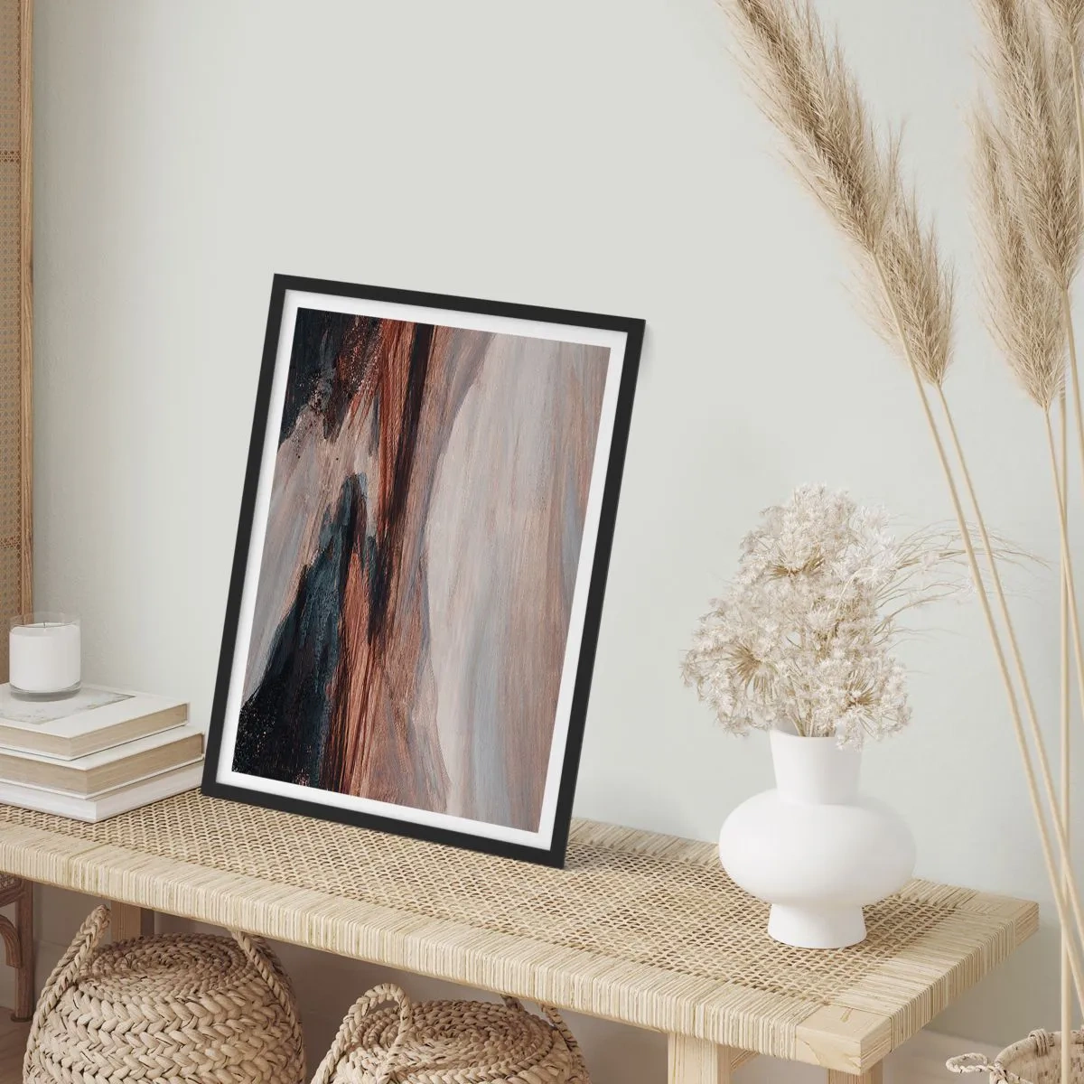 Poszter fehér keretben - Absztrakt kompozíció barna és fekete árnyalatokban - 50x70cm -  Békés völgy - Modern fali dekoráció nappalihoz és hálószobához ARTTOR