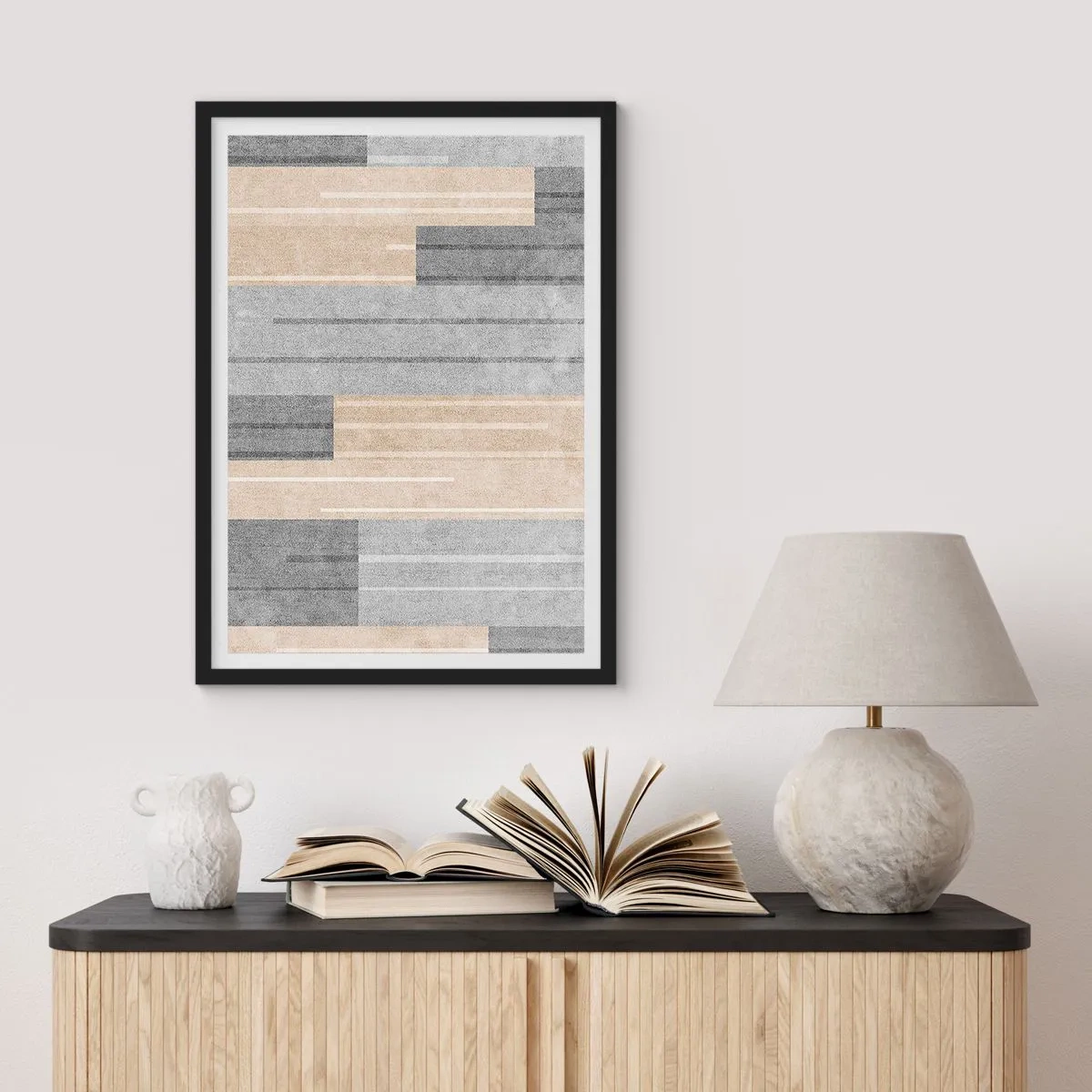 Poszter fehér keretben - Modern geometrikus kompozíció szürke és bézs árnyalatokban - 50x70cm - Kompozíció: tartsa a függőlegeset - Modern fali dekoráció nappalihoz és hálószobához ARTTOR