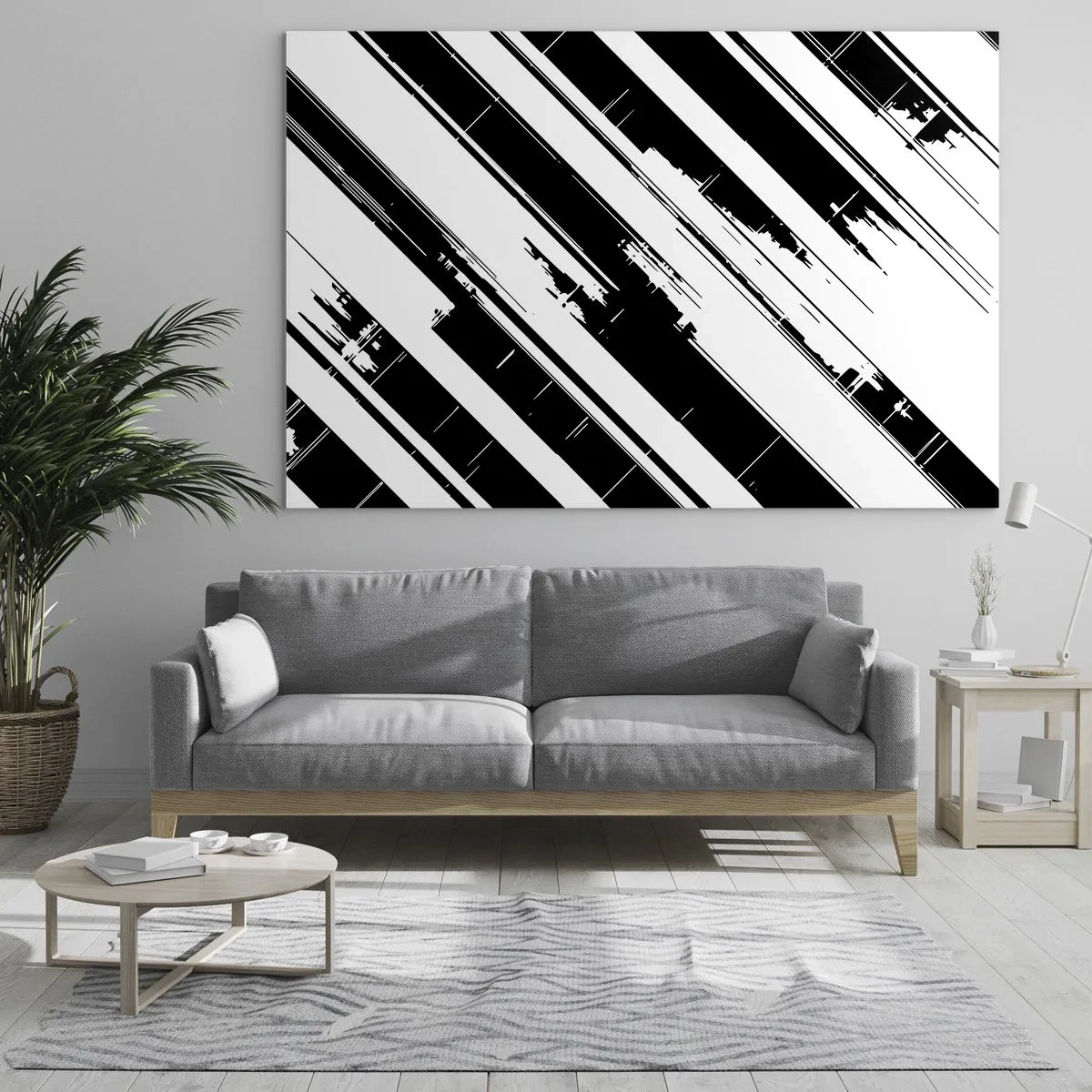Üveg kép - Dinamikus fekete-fehér csíkok kopott hatású kivitelben - 70x50cm - Intenzív és dinamikus kompozíció - Modern fali dekoráció nappalihoz és hálószobához ARTTOR