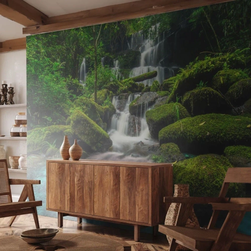 Fotótapéta Standard Eco - Türkiz, zafír és folyékony ezüst - Tájkép, Vízesés, Hegyi patak - 500x350 cm