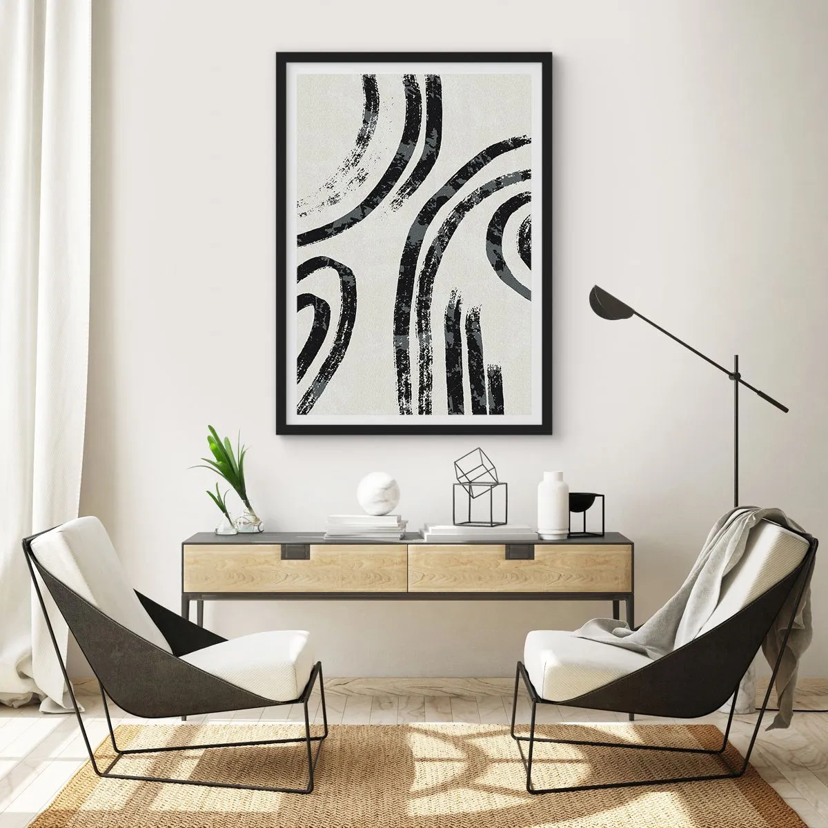 Poszter fehér keretben - Absztrakt fekete vonalak világos háttéren - 50x70cm - Félig megállt - Modern fali dekoráció nappalihoz és hálószobához ARTTOR