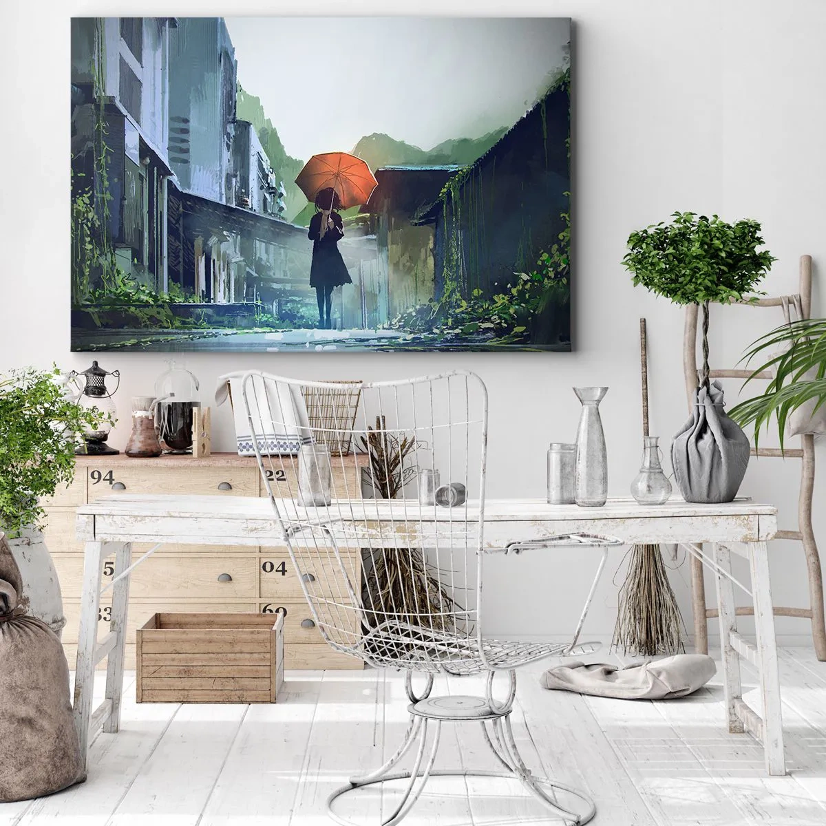 Vászonkép - Egy alak esernyővel egy esős városban - 70x50cm - Éltető eső - Modern fali dekoráció nappalihoz és hálószobához ARTTOR