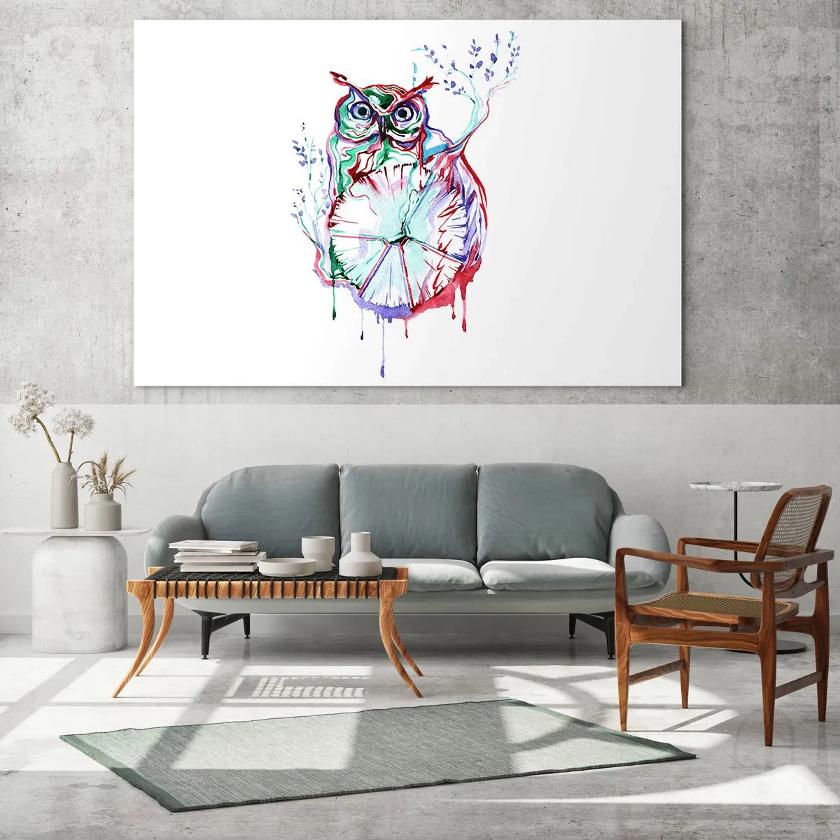 Üveg kép - Absztrakt bagoly egy színes akvarell kompozícióban - 70x50cm - Természeténél fogva bölcs - Modern fali dekoráció nappalihoz és hálószobához ARTTOR