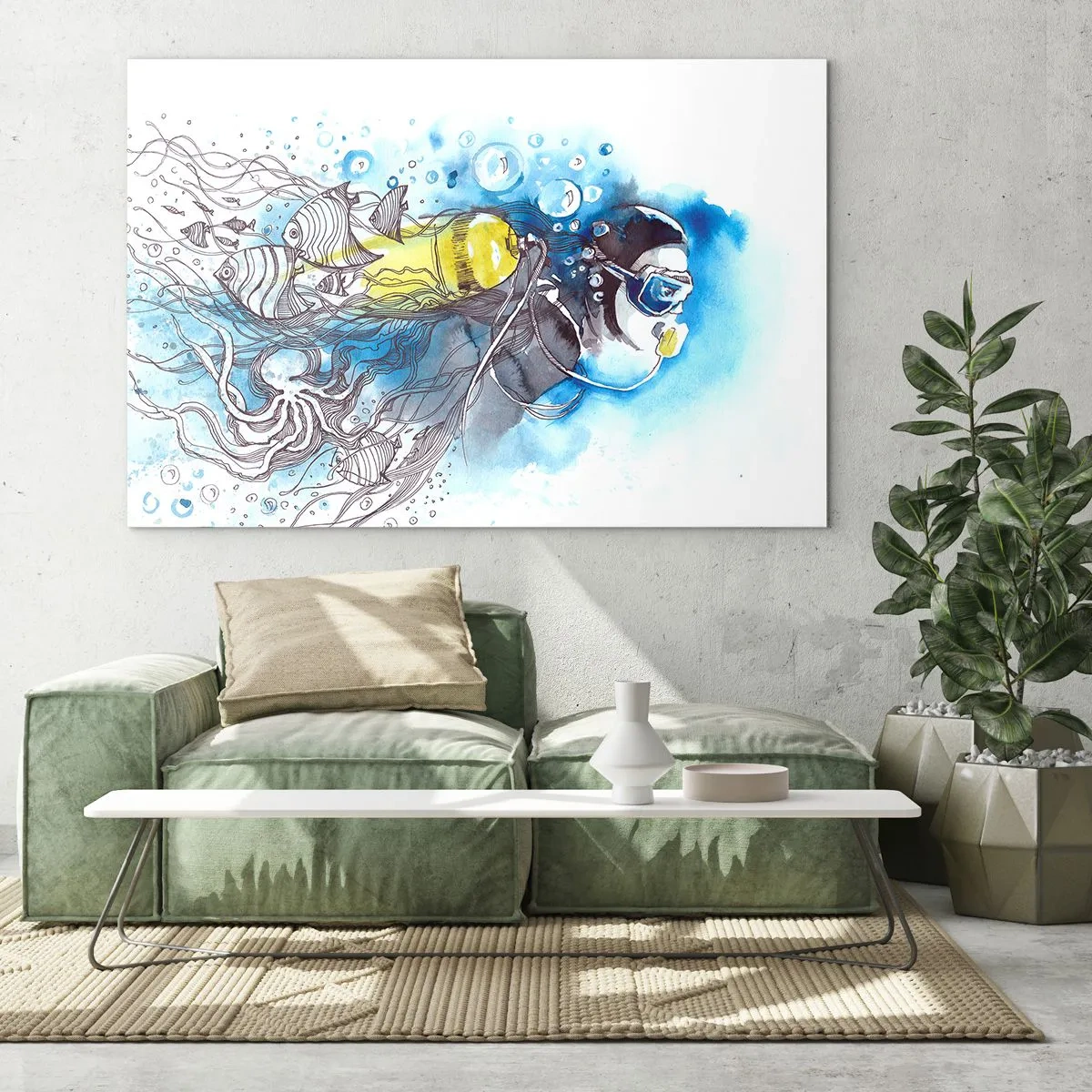 Üveg kép - Búvár víz alatti halakkal művészi akvarellben - 70x50cm - Nagy kék - Modern fali dekoráció nappalihoz és hálószobához ARTTOR