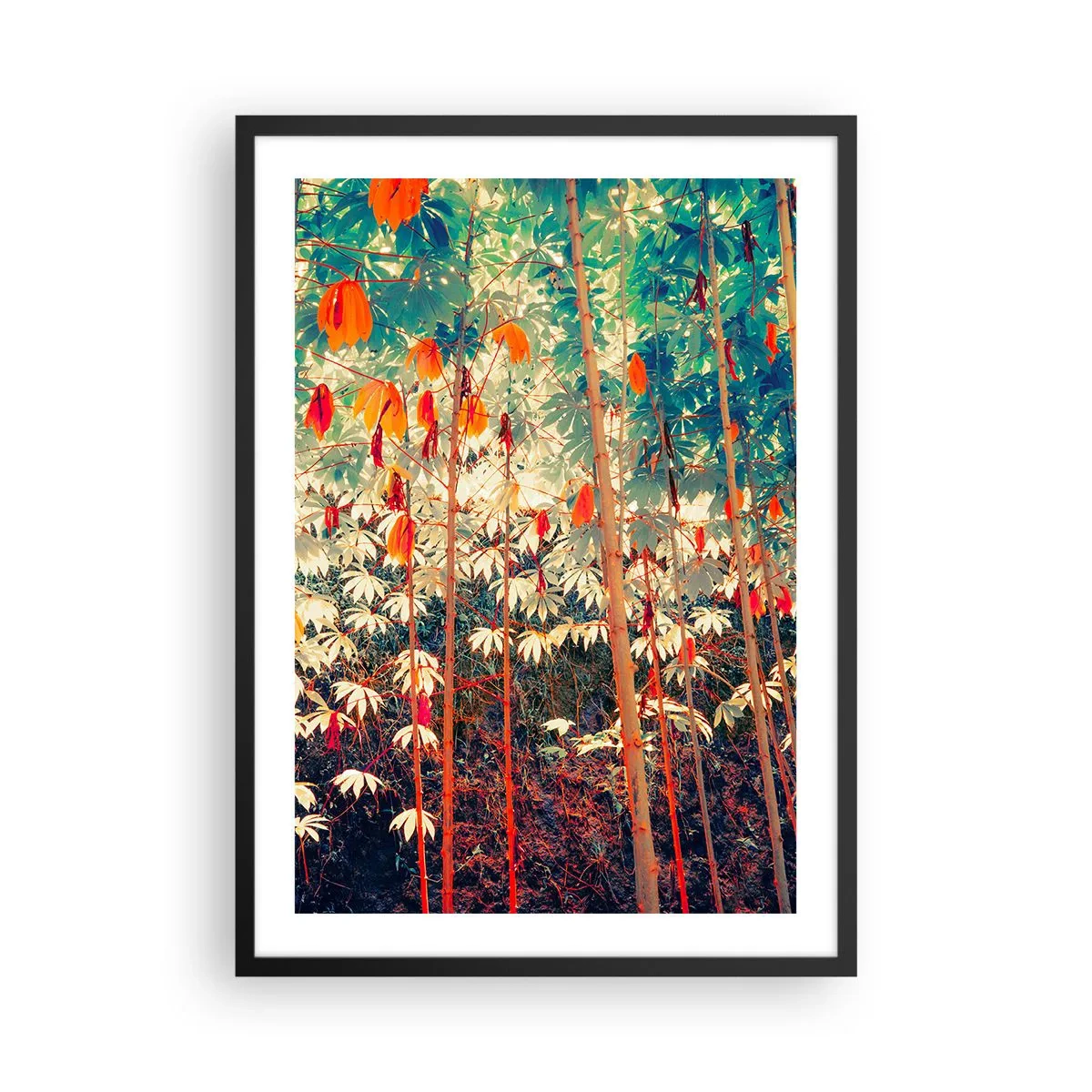 Poszter fehér keretben - Egy színes trópusi erdő, melyet vörös és zöld ural - 50x70cm - A levelek titkos élete - Modern fali dekoráció nappalihoz és hálószobához ARTTOR
