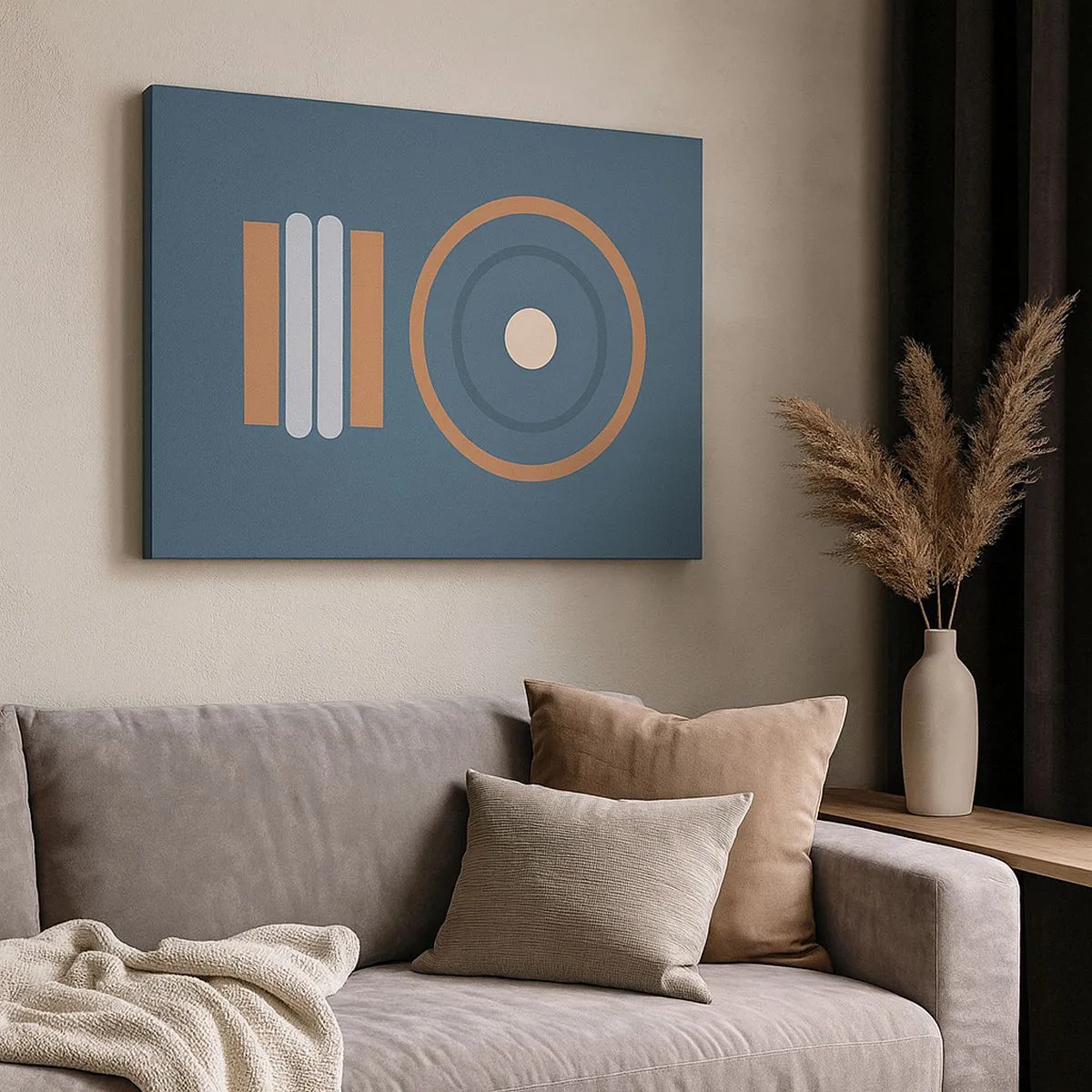 Vászonkép - Geometrikus kompozíció visszafogott színű körökkel és téglalapokkal. - 70x50cm - A dolgok lényege - Modern fali dekoráció nappalihoz és hálószobához ARTTOR