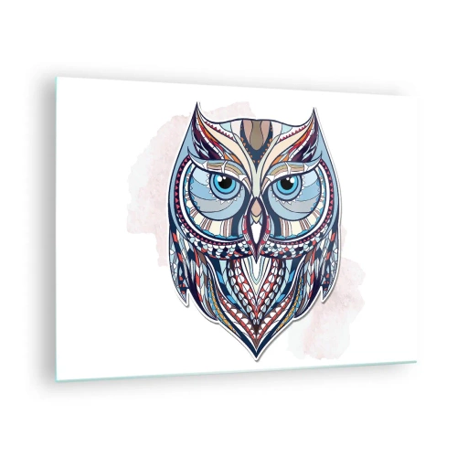 Üveg kép - Színes, geometrikus portré egy bagolyról - 70x50cm - Kidolgozott díszbagoly - Modern fali dekoráció nappalihoz és hálószobához ARTTOR