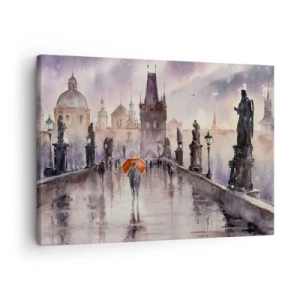 Vászonkép - Romantikus kilátás egy hídra esernyővel az esti város hátterében - 70x50cm - Az emberek nem változnak - Modern fali dekoráció nappalihoz és hálószobához ARTTOR