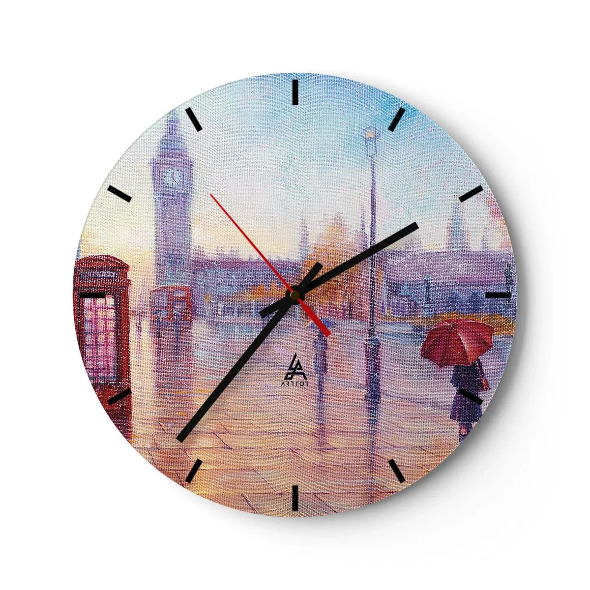 Falióra, Óra - Festői városkép Big Bennel és egy piros esernyővel - 30x30cm -  Őszi nap Londonban - Modern fali dekoráció nappalihoz, konyhához és hálószobához ARTTOR