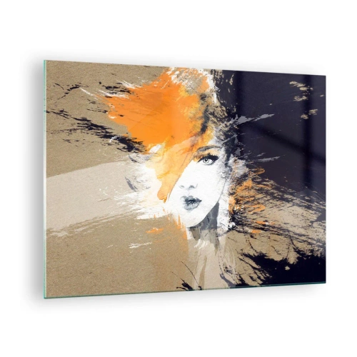 Üveg kép - Narancssárga díszítéssel rendelkező nő absztrakt portréja - 70x50cm - És van fény - Modern fali dekoráció nappalihoz és hálószobához ARTTOR