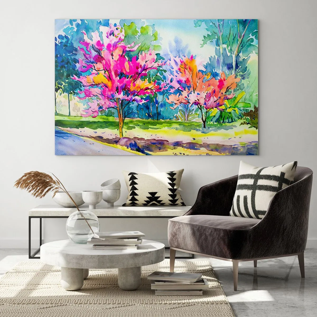 Üveg kép - Színes fák a parkban, akvarell technikával festve - 70x50cm - Szivárvány kert a tavaszi fényben - Modern fali dekoráció nappalihoz és hálószobához ARTTOR