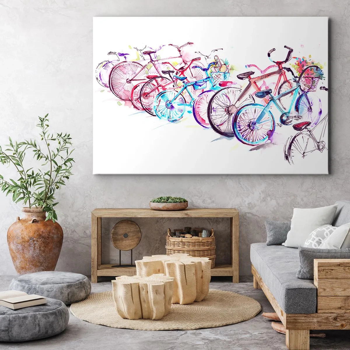 Vászonkép - Színes kerékpárok művészi akvarell stílusban - 70x50cm - Az Antymoto klub gyűlése - Modern fali dekoráció nappalihoz és hálószobához ARTTOR