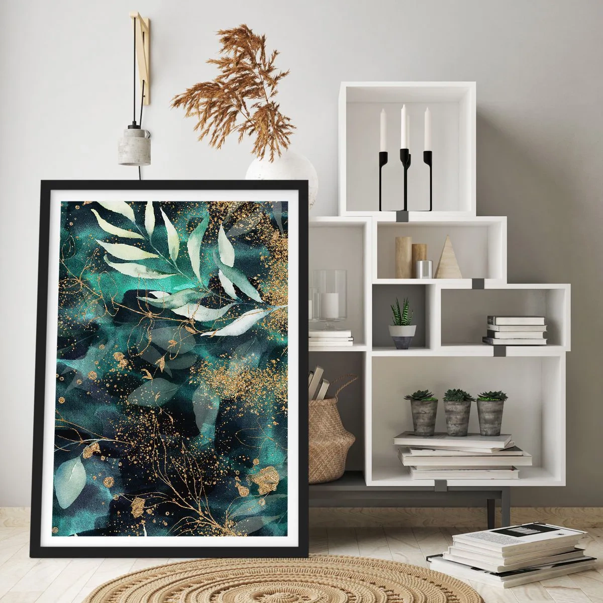 Poszter fehér keretben - Zöld levelek és arany díszítések sötét háttéren - 50x70cm - Elvarázsolt kert - Modern fali dekoráció nappalihoz és hálószobához ARTTOR