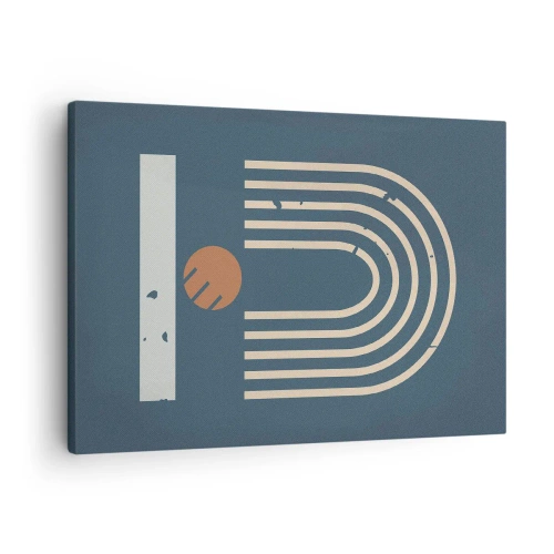 Vászonkép - Geometrikus minta sötétkék, bézs és narancssárga árnyalatokban sötét háttéren - 70x50cm - Geometria sötétkék háttéren - Modern fali dekoráció nappalihoz és hálószobához ARTTOR