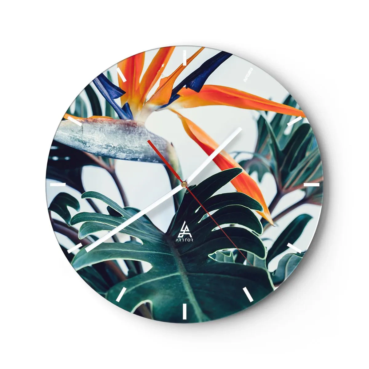 Falióra, Óra - Trópusi levelek és egy strelitzia virág világos háttér előtt - 30x30cm - Madárkalitka - Modern fali dekoráció nappalihoz, konyhához és hálószobához ARTTOR