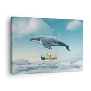 Vászonkép - Egy repülő bálna egy repülőgépet szállít szürreális környezetben. - 70x50cm - Miért is ne? - Modern fali dekoráció nappalihoz és hálószobához ARTTOR