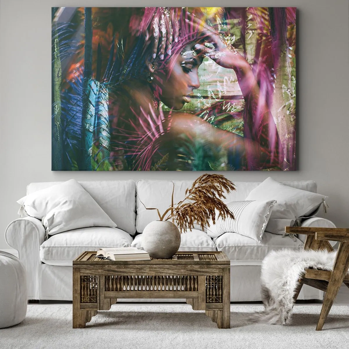 Vászonkép - Egzotikus növényzettel körülvett nő portréja - 70x50cm - Anyatermészet a dzsungelben - Modern fali dekoráció nappalihoz és hálószobához ARTTOR