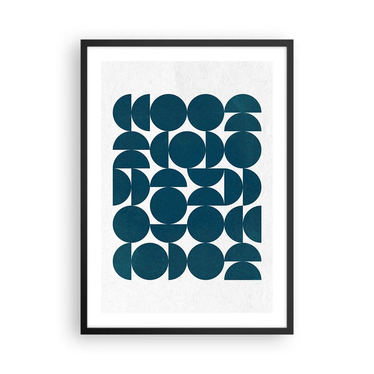 Poszter fehér keretben - Geometriai kompozíció kék körökkel - 50x70cm - Körök és félkörök - Modern fali dekoráció nappalihoz és hálószobához ARTTOR