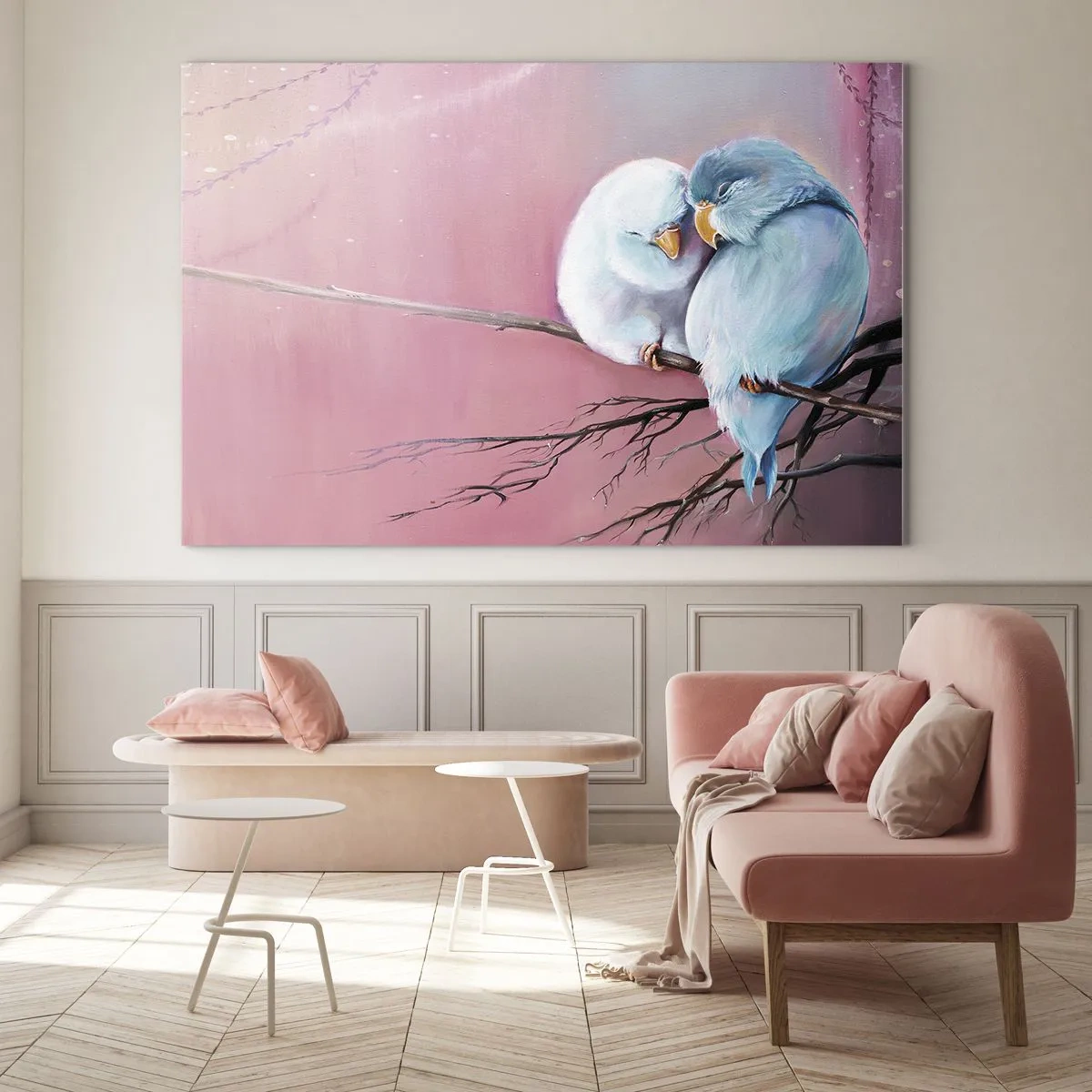 Üveg kép - Két szerelmespár ül egy ágon rózsaszín háttér előtt - 70x50cm - Mit tehetnénk hozzá?... - Modern fali dekoráció nappalihoz és hálószobához ARTTOR