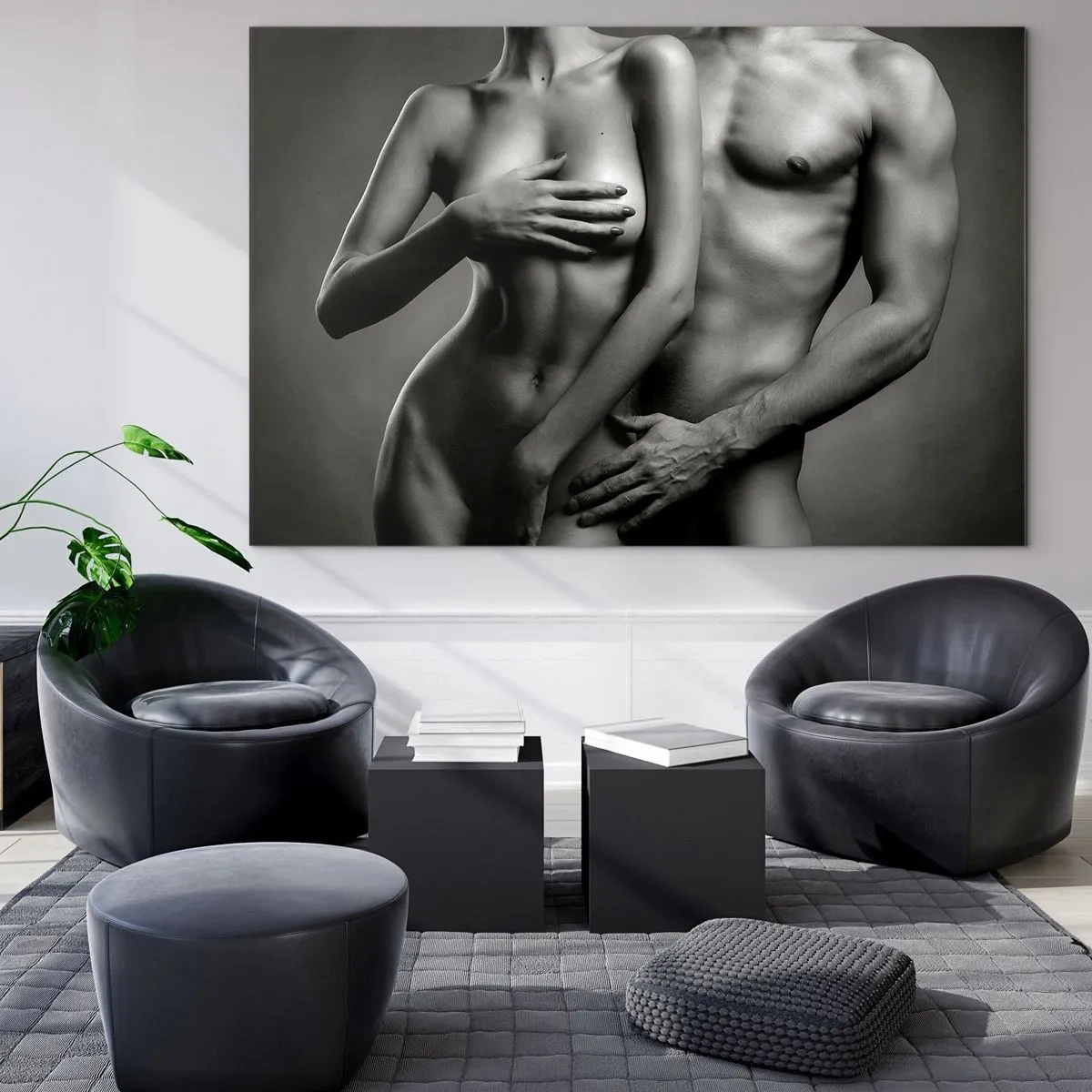 Üveg kép - Fekete-fehér kompozíció meztelen pár sziluettekkel - 70x50cm - Ádám és Éva - Modern fali dekoráció nappalihoz és hálószobához ARTTOR